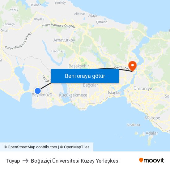 Tüyap to Boğaziçi Üniversitesi Kuzey Yerleşkesi map