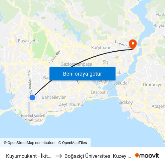 Kuyumcukent - İkitelli Yönü to Boğaziçi Üniversitesi Kuzey Yerleşkesi map