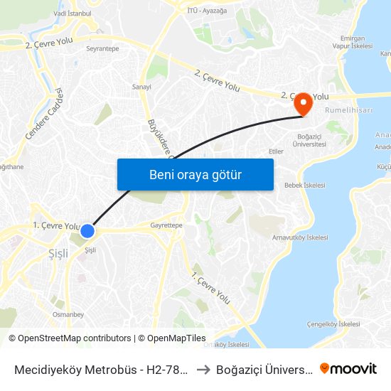 Mecidiyeköy Metrobüs - H2-78m-78be-146e-146m-92m-97bm Yönü to Boğaziçi Üniversitesi Kuzey Yerleşkesi map