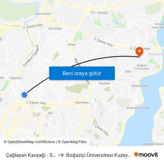 Çağlayan Kavşaği - Sisli Yönü to Boğaziçi Üniversitesi Kuzey Yerleşkesi map