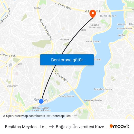 Beşiktaş Meydan - Levent Yönü to Boğaziçi Üniversitesi Kuzey Yerleşkesi map