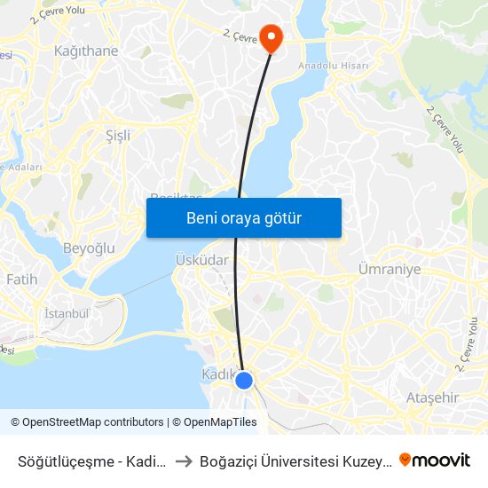 Söğütlüçeşme - Kadiköy Yönü to Boğaziçi Üniversitesi Kuzey Yerleşkesi map