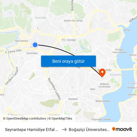 Seyrantepe Hamidiye Etfal Hastanesi - Levent Yönü to Boğaziçi Üniversitesi Kuzey Yerleşkesi map