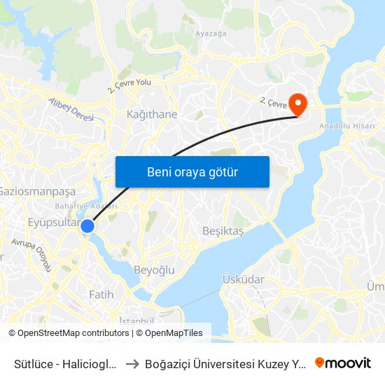 Sütlüce - Halicioglu Yönü to Boğaziçi Üniversitesi Kuzey Yerleşkesi map