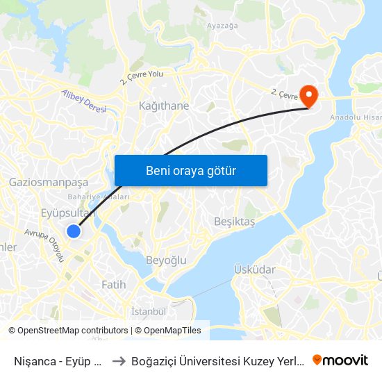 Nişanca - Eyüp Yönü to Boğaziçi Üniversitesi Kuzey Yerleşkesi map