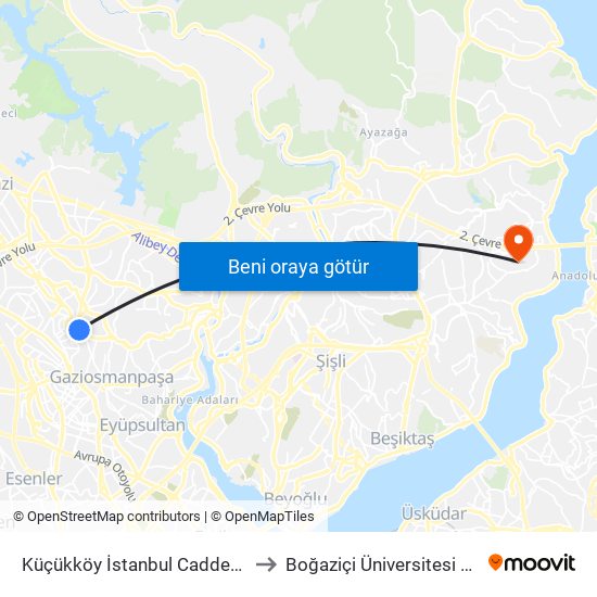 Küçükköy İstanbul Caddesi - Alibeyköy Yönü to Boğaziçi Üniversitesi Kuzey Yerleşkesi map