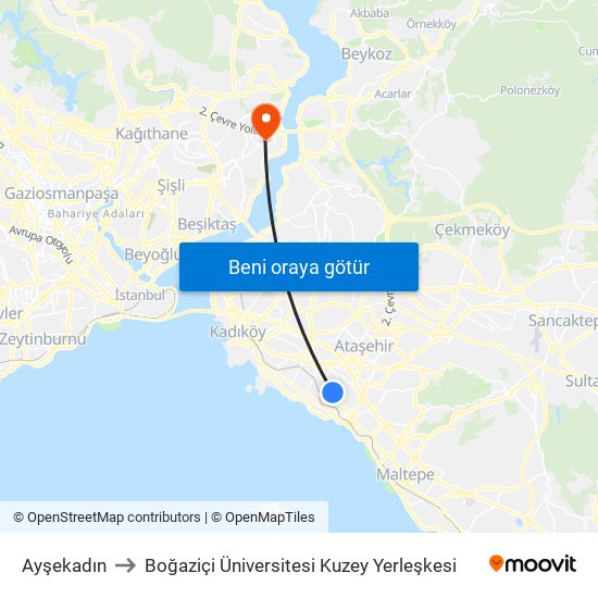 Ayşekadın to Boğaziçi Üniversitesi Kuzey Yerleşkesi map