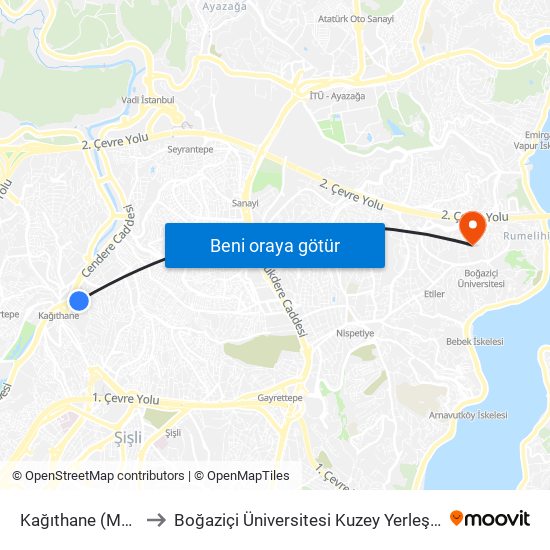 Kağıthane (M11) to Boğaziçi Üniversitesi Kuzey Yerleşkesi map