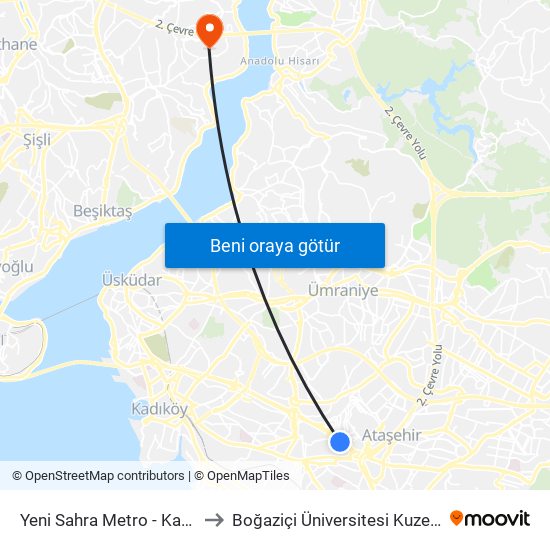 Yeni Sahra Metro - Kadiköy Yönü to Boğaziçi Üniversitesi Kuzey Yerleşkesi map
