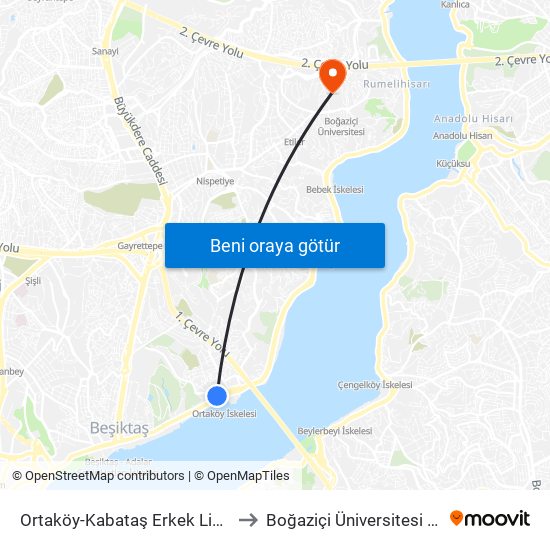 Ortaköy-Kabataş Erkek Lisesi - Besiktas Yönü to Boğaziçi Üniversitesi Kuzey Yerleşkesi map