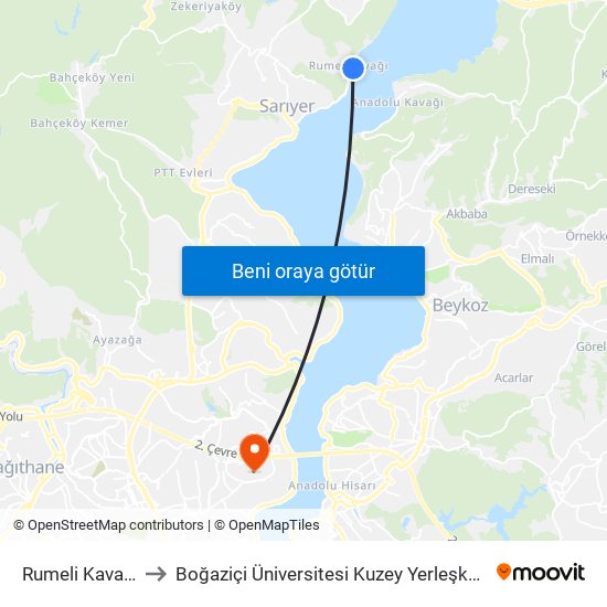 Rumeli Kavağı to Boğaziçi Üniversitesi Kuzey Yerleşkesi map