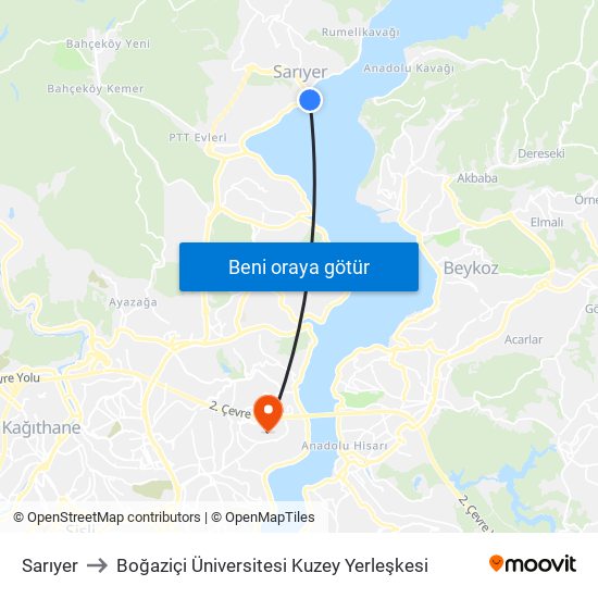 Sarıyer to Boğaziçi Üniversitesi Kuzey Yerleşkesi map