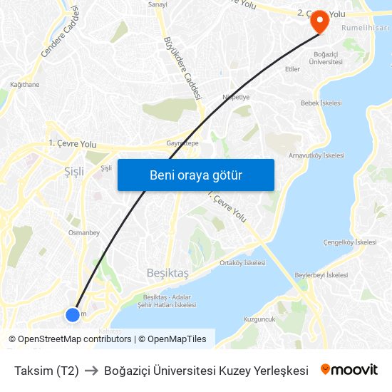 Taksim (T2) to Boğaziçi Üniversitesi Kuzey Yerleşkesi map