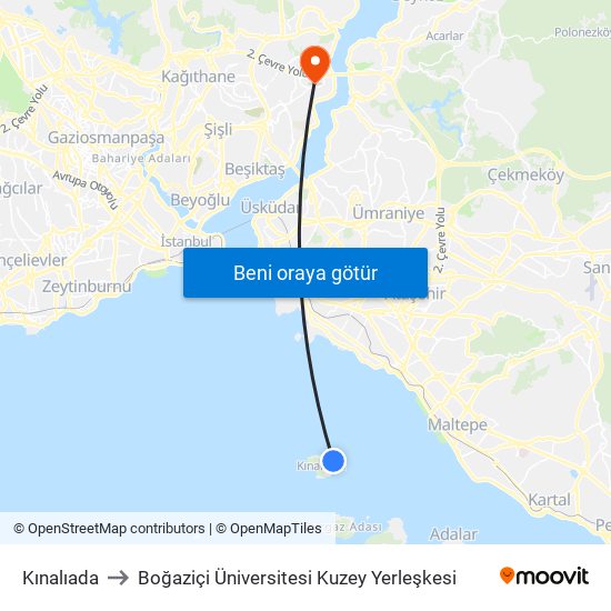 Kınalıada to Boğaziçi Üniversitesi Kuzey Yerleşkesi map