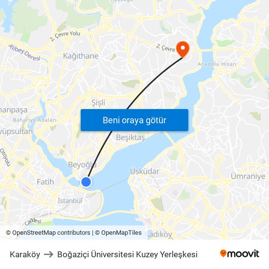 Karaköy to Boğaziçi Üniversitesi Kuzey Yerleşkesi map