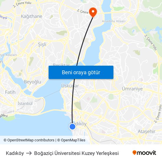 Kadıköy to Boğaziçi Üniversitesi Kuzey Yerleşkesi map