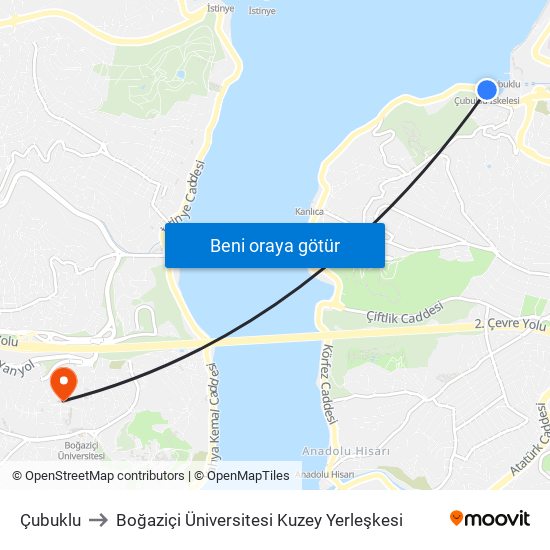 Çubuklu to Boğaziçi Üniversitesi Kuzey Yerleşkesi map