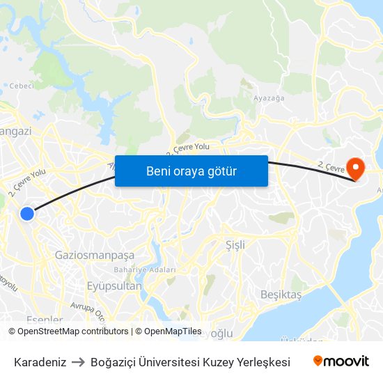 Karadeniz to Boğaziçi Üniversitesi Kuzey Yerleşkesi map