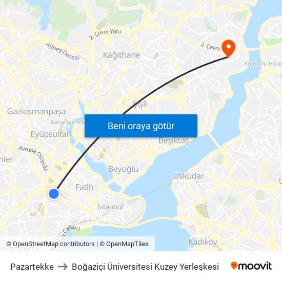 Pazartekke to Boğaziçi Üniversitesi Kuzey Yerleşkesi map