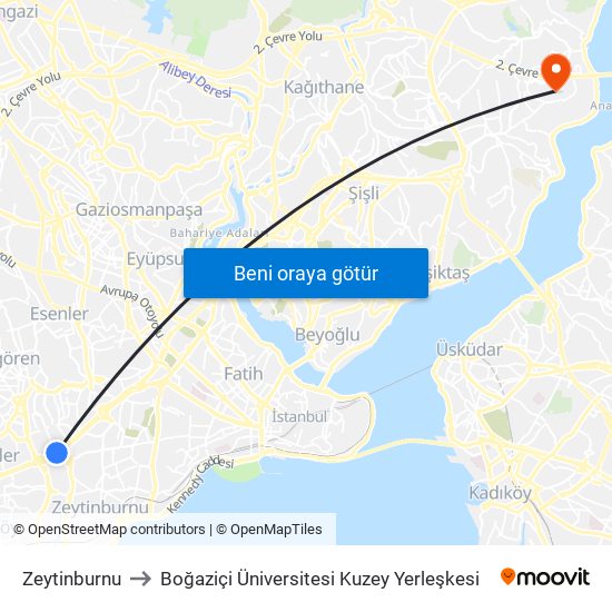 Zeytinburnu to Boğaziçi Üniversitesi Kuzey Yerleşkesi map