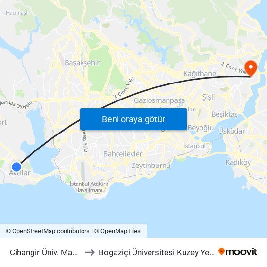 Cihangir Üniv. Mahallesi to Boğaziçi Üniversitesi Kuzey Yerleşkesi map