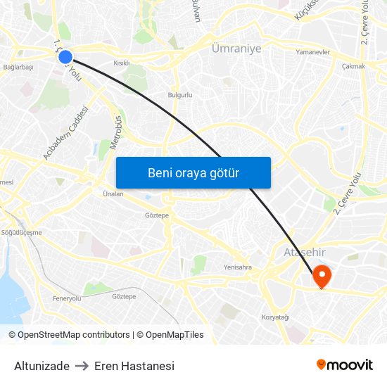 Altunizade to Eren Hastanesi map