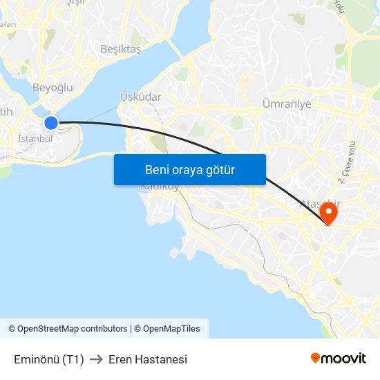 Eminönü (T1) to Eren Hastanesi map