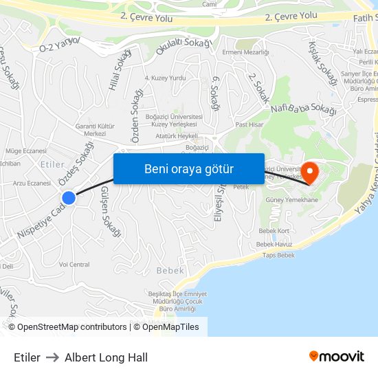 Etiler to Albert Long Hall map