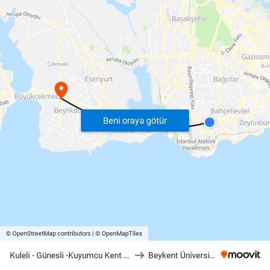 Kuleli - Günesli -Kuyumcu Kent Yönü to Beykent Üniversitesi map