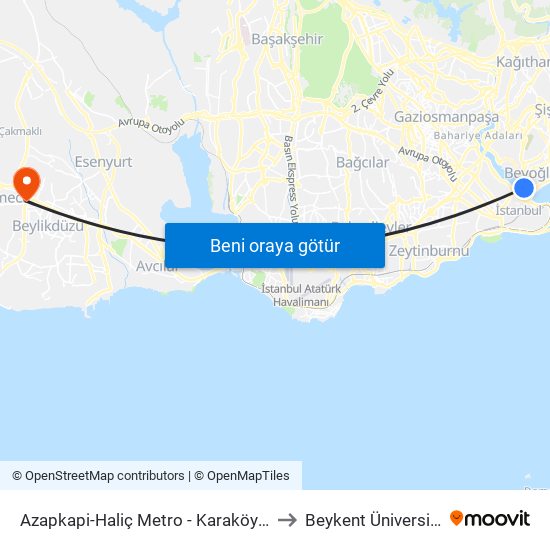 Azapkapi-Haliç Metro - Karaköy Yönü to Beykent Üniversitesi map