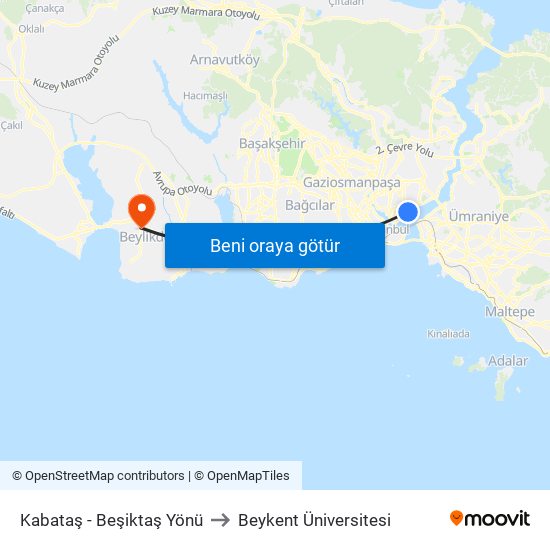 Kabataş - Beşiktaş Yönü to Beykent Üniversitesi map
