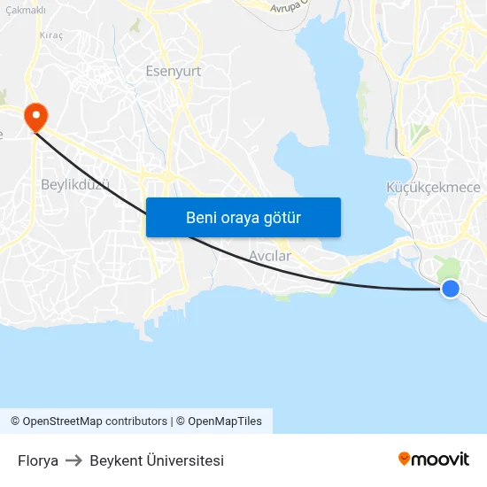 Florya to Beykent Üniversitesi map
