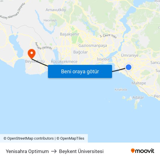 Yenisahra Optimum to Beykent Üniversitesi map