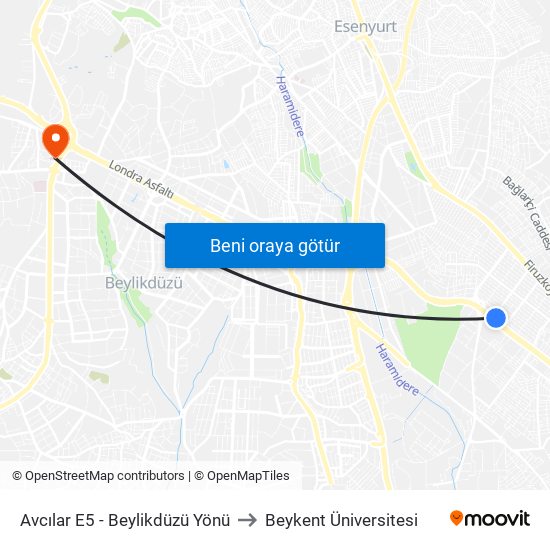 Avcılar E5 - Beylikdüzü Yönü to Beykent Üniversitesi map