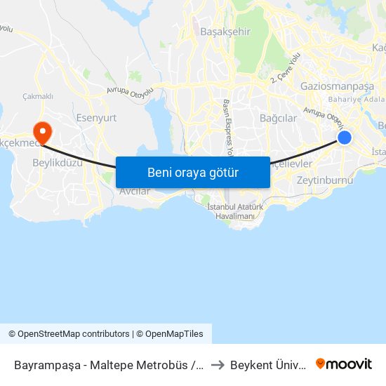 Bayrampaşa - Maltepe Metrobüs / Aksaray Yönü to Beykent Üniversitesi map