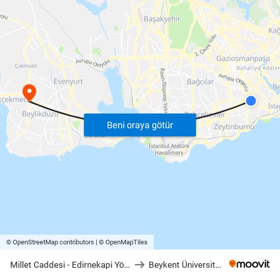 Millet Caddesi - Edirnekapi Yönü to Beykent Üniversitesi map