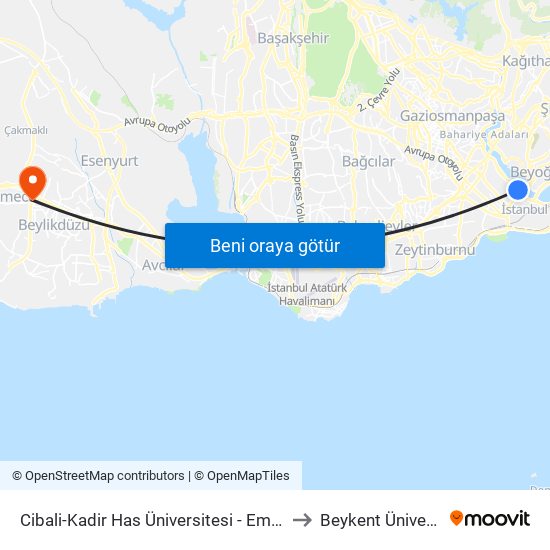 Cibali-Kadir Has Üniversitesi - Eminönü Yönü to Beykent Üniversitesi map