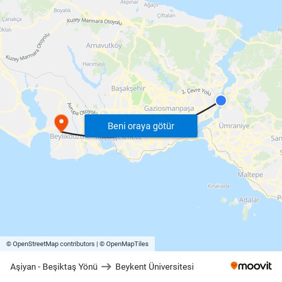 Aşiyan - Beşiktaş Yönü to Beykent Üniversitesi map