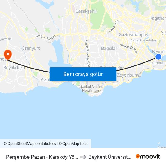 Perşembe Pazari - Karaköy Yönü to Beykent Üniversitesi map