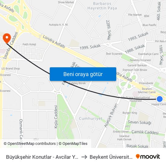 Büyükşehir Konutlar - Avcilar Yönü to Beykent Üniversitesi map