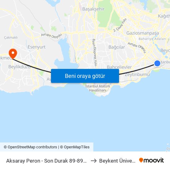 Aksaray Peron - Son Durak 89-89b-145 Yönü to Beykent Üniversitesi map