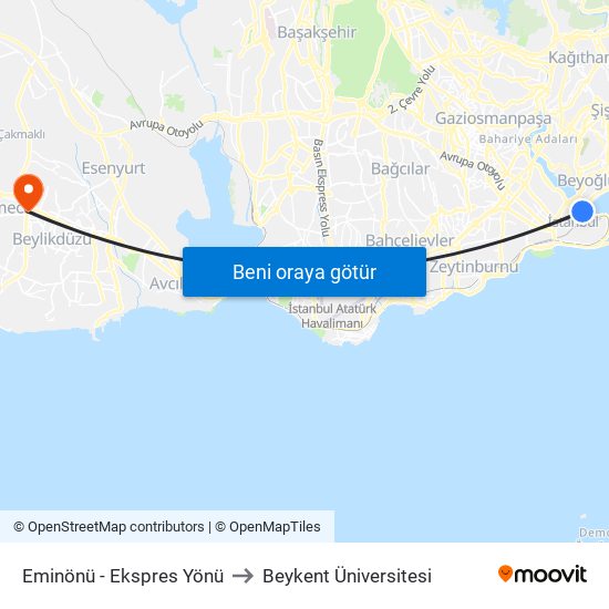 Eminönü - Ekspres Yönü to Beykent Üniversitesi map