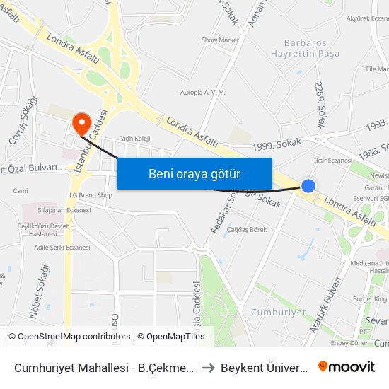 Cumhuriyet Mahallesi - B.Çekmece Yönü to Beykent Üniversitesi map