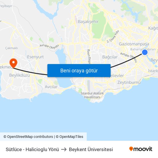 Sütlüce - Halicioglu Yönü to Beykent Üniversitesi map