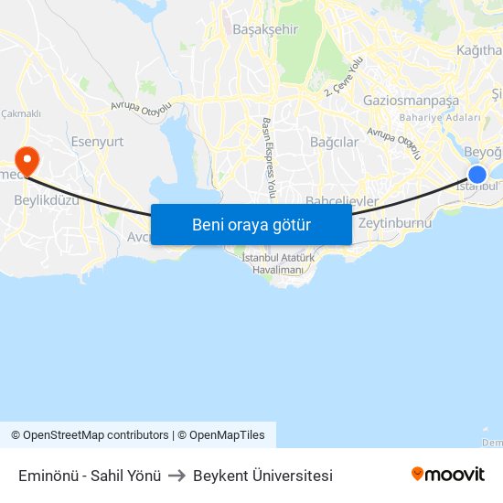 Eminönü - Sahil Yönü to Beykent Üniversitesi map