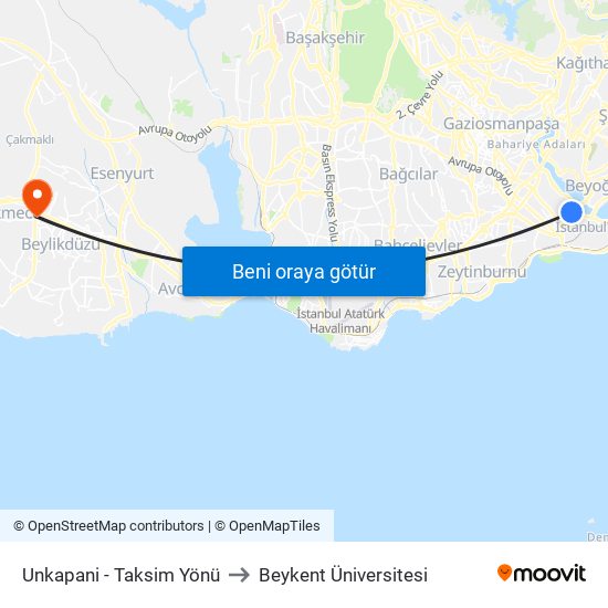 Unkapani - Taksim Yönü to Beykent Üniversitesi map