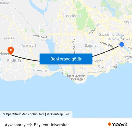 Ayvansaray to Beykent Üniversitesi map