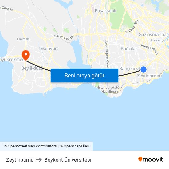 Zeytinburnu to Beykent Üniversitesi map