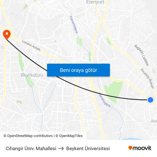 Cihangir Üniv. Mahallesi to Beykent Üniversitesi map