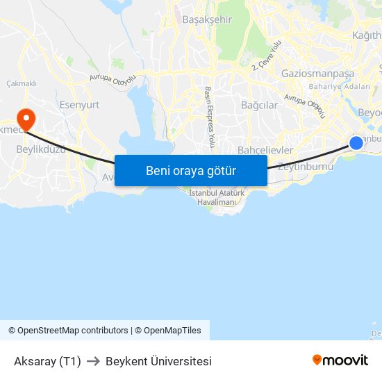 Aksaray (T1) to Beykent Üniversitesi map